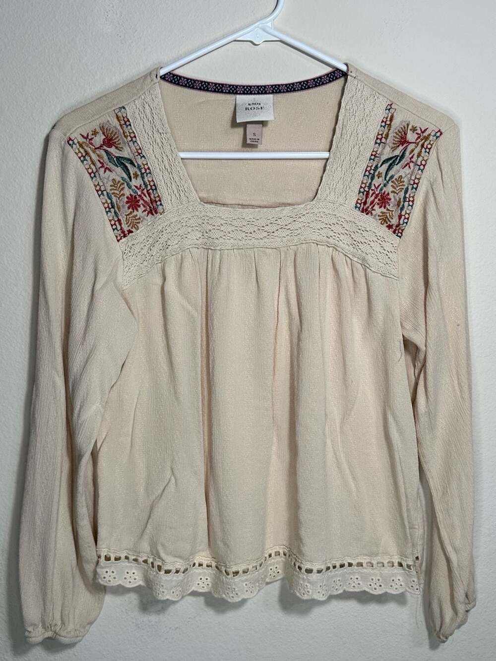 Knox Rose Cream Boho Embroidered Square Neck Blouse with Eyelet Trim